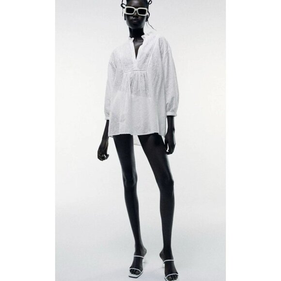 ZARA Cotton Embroidered White Blouse Tunic Top Shirt Size Medium - Picture 2 of 9